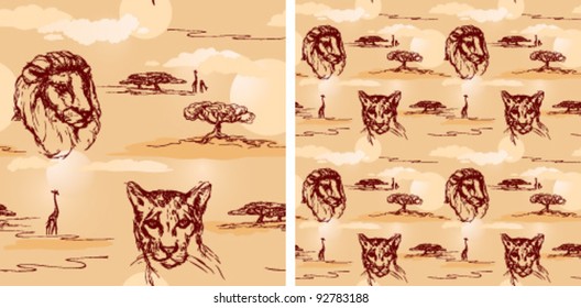 Lion and cheetah heads. Seamless pattern.