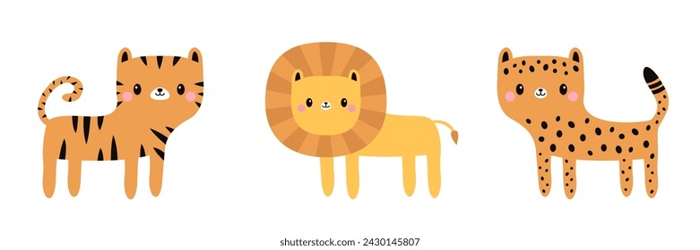 León, leopardo guepardo, tigre de pie conjunto de iconos. Cara graciosa. Lindo animado kawaii bebé animal. Gato de la selva. Estampado infantil para guardería, ropa infantil, póster, postal. Diseño plano Fondo blanco Vector