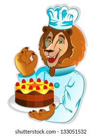 Lion chef with cake.