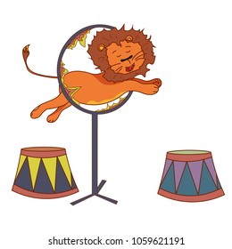 The lion in the circus jumps over the ring of fire.