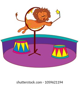 The lion in the circus jumps over the ring of fire.