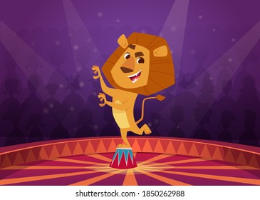 Lion in circus. Wild angry lion acrobat jumping in fire circle circus performer show vector cartoon background