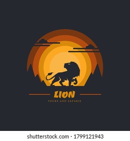 Lion with cliff mountain and sky background. Design element for company logo, label, emblem, apparel or other merchandise. Scalable and editable Vector illustration.