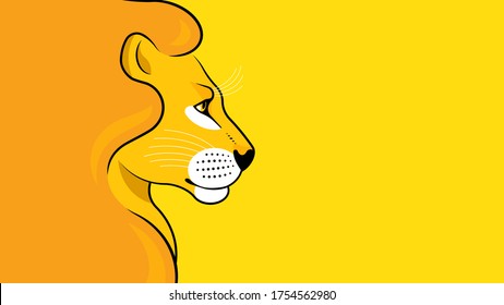 Lion. Close-up lion on the yellow. Face lion. Vector portrait with copy space.