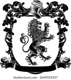 Um brasão de armas leão ou crista heráldica família medieval escudo cavaleiro heráldico com capacete e acanto filigree percorrer ornamento em um estilo de xilogravura vintage.
