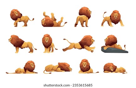 Colección de leones. Caricatura de gatos machos de la jungla en diferentes poses, lindos gatos grandes con pieles y cruces iconos de la vida salvaje del safari, animal depredador de savana. Conjunto aislado de vectores. Fuerte cazador de caracteres