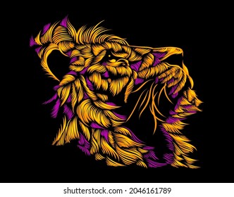 Lion color line art illustration on black background for apparel, poster, banner, wallpaper, wall art. Vector graphic eps 10.