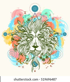 Lion color tattoo art vector. Mystical and esoteric symbols. Medieval alchemical lion style 