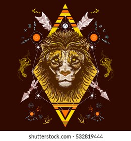 Lion color tattoo tribal style, t-shirt design vector.  Mystic lion and carp occult tattoo.  Alchemy, religion, spirituality, occultism 
