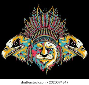 Lion in the colored Indian roach. Indian feather headdress of eagle on black background