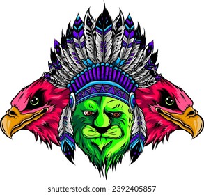 Lion in the colored Indian roach. Indian feather headdress of eagle