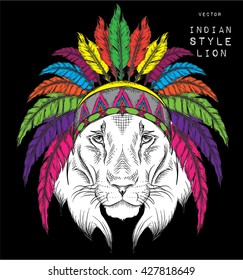 Lion in the colored Indian roach. Feather headdress of eagle. Hand draw vector  illustration