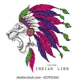 Lion in the colored Indian roach. Feather headdress of eagle. Vector illustration