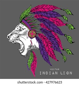 Lion the colored Indian roach. Feather headdress of eagle. Vector illustration