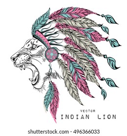 Lion in the colored Indian roach. feather headdress of eagle