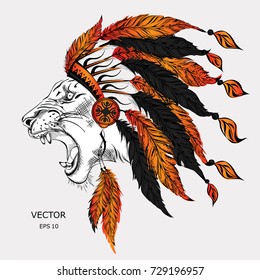 Lion in the colored Indian roach. Indian feather headdress of eagle