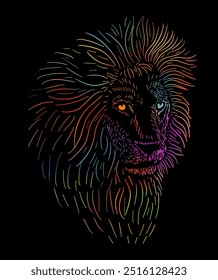 Lion colored on black background. Graphic design on a t-shirt. hand drawing. Not AI, Vector illustration