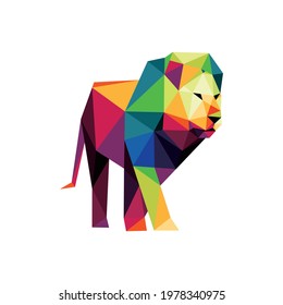Lion in colorful Polygon low poly.  Walking lion silhouettes Vector Icon. Angry Lions colorful logo