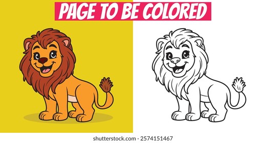 Lion coloring book page with a playful outline and colored version. Fun and educational for kids’ creative activities.