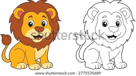 Lion Coloring Page with Colored Example and Outline Illustration. Adorable Cartoon Animal Sitting Easy Line Art. Fun Learning Activity for Kids
