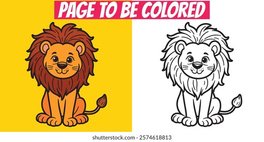 Lion coloring page with detailed outline and colored version. Perfect for printable worksheets, preschool education, and nature-inspired crafts.