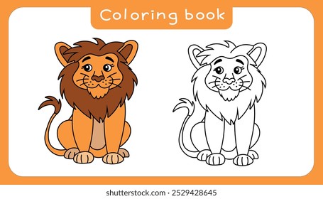 Lion Coloring Page. Kids Coloring Pages, Cute lion Coloring Pages, lion Character Vector Illustration On White Background.