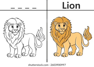 Lion coloring pages for kids and learn to recognize letters, animal recognition card media for various games in early childhood learning