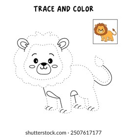 Lion coloring pages for kids. Trace and color lion. Coloring page outline of lion. Lion tracing worksheet. Kindergarten and preschool activity.