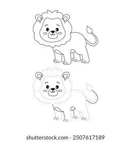 Lion coloring pages for kids. Trace and color lion. Coloring page outline of lion. Lion tracing worksheet. Kindergarten and preschool activity.