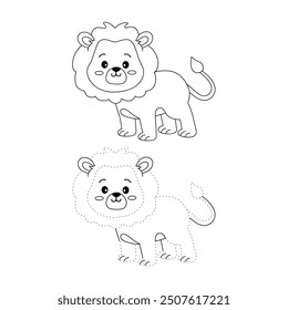 Lion coloring pages for kids. Trace and color lion. Coloring page outline of lion. Lion tracing worksheet. Kindergarten and preschool activity.