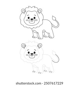 Lion coloring pages for kids. Trace and color lion. Coloring page outline of lion. Lion tracing worksheet. Kindergarten and preschool activity.