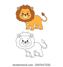 Lion coloring pages for kids. Trace and color lion. Coloring page outline of lion. Lion tracing worksheet. Kindergarten and preschool activity.