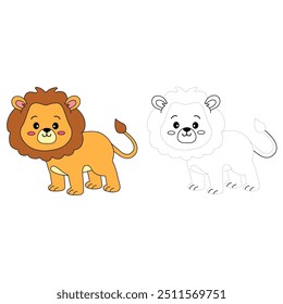 Lion coloring pages for kids. Trace and color lion. Coloring page outline of lion. Lion tracing worksheet. Kindergarten and preschool activity.