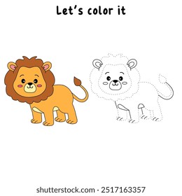 Lion coloring pages for kids. Trace and color lion. Coloring page outline of lion. Lion tracing worksheet. Kindergarten and preschool activity.