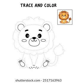 Lion coloring pages for kids. Trace and color lion. Coloring page outline of lion. Lion tracing worksheet. Kindergarten and preschool activity.