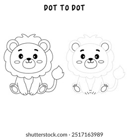 Lion coloring pages for kids. Trace and color lion. Coloring page outline of lion. Lion tracing worksheet. Kindergarten and preschool activity.