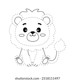 Lion coloring pages for kids. Trace and color lion. Coloring page outline of lion. Lion tracing worksheet. Kindergarten and preschool activity.