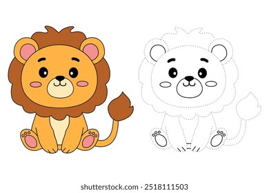 Lion coloring pages for kids. Trace and color lion. Coloring page outline of lion. Lion tracing worksheet. Kindergarten and preschool activity.