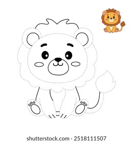 Lion coloring pages for kids. Trace and color lion. Coloring page outline of lion. Lion tracing worksheet. Kindergarten and preschool activity.