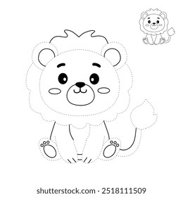 Lion coloring pages for kids. Trace and color lion. Coloring page outline of lion. Lion tracing worksheet. Kindergarten and preschool activity.