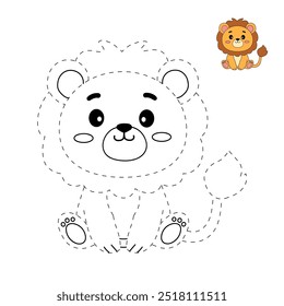 Lion coloring pages for kids. Trace and color lion. Coloring page outline of lion. Lion tracing worksheet. Kindergarten and preschool activity.