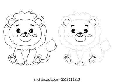 Lion coloring pages for kids. Trace and color lion. Coloring page outline of lion. Lion tracing worksheet. Kindergarten and preschool activity.