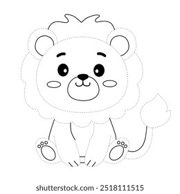Lion coloring pages for kids. Trace and color lion. Coloring page outline of lion. Lion tracing worksheet. Kindergarten and preschool activity.