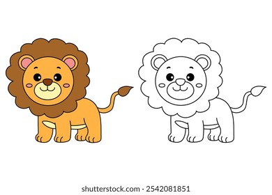 Lion coloring pages for kids. Trace and color Lion. Lion animal flashcard education game activity. Cute lion isolated on white background. Kindergarten and preschool worksheets printable for kids. 