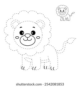 Lion coloring pages for kids. Trace and color Lion. Lion animal flashcard education game activity. Cute lion isolated on white background. Kindergarten and preschool worksheets printable for kids. 