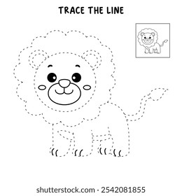 Lion coloring pages for kids. Trace and color Lion. Lion animal flashcard education game activity. Cute lion isolated on white background. Kindergarten and preschool worksheets printable for kids. 