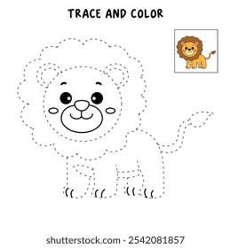 Lion coloring pages for kids. Trace and color Lion. Lion animal flashcard education game activity. Cute lion isolated on white background. Kindergarten and preschool worksheets printable for kids. 