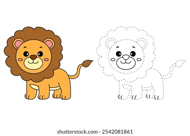 Lion coloring pages for kids. Trace and color Lion. Lion animal flashcard education game activity. Cute lion isolated on white background. Kindergarten and preschool worksheets printable for kids. 