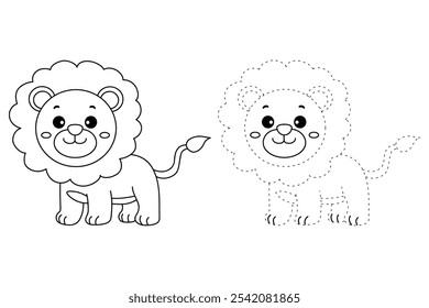 Lion coloring pages for kids. Trace and color Lion. Lion animal flashcard education game activity. Cute lion isolated on white background. Kindergarten and preschool worksheets printable for kids. 