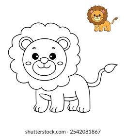 Lion coloring pages for kids. Trace and color Lion. Lion animal flashcard education game activity. Cute lion isolated on white background. Kindergarten and preschool worksheets printable for kids. 